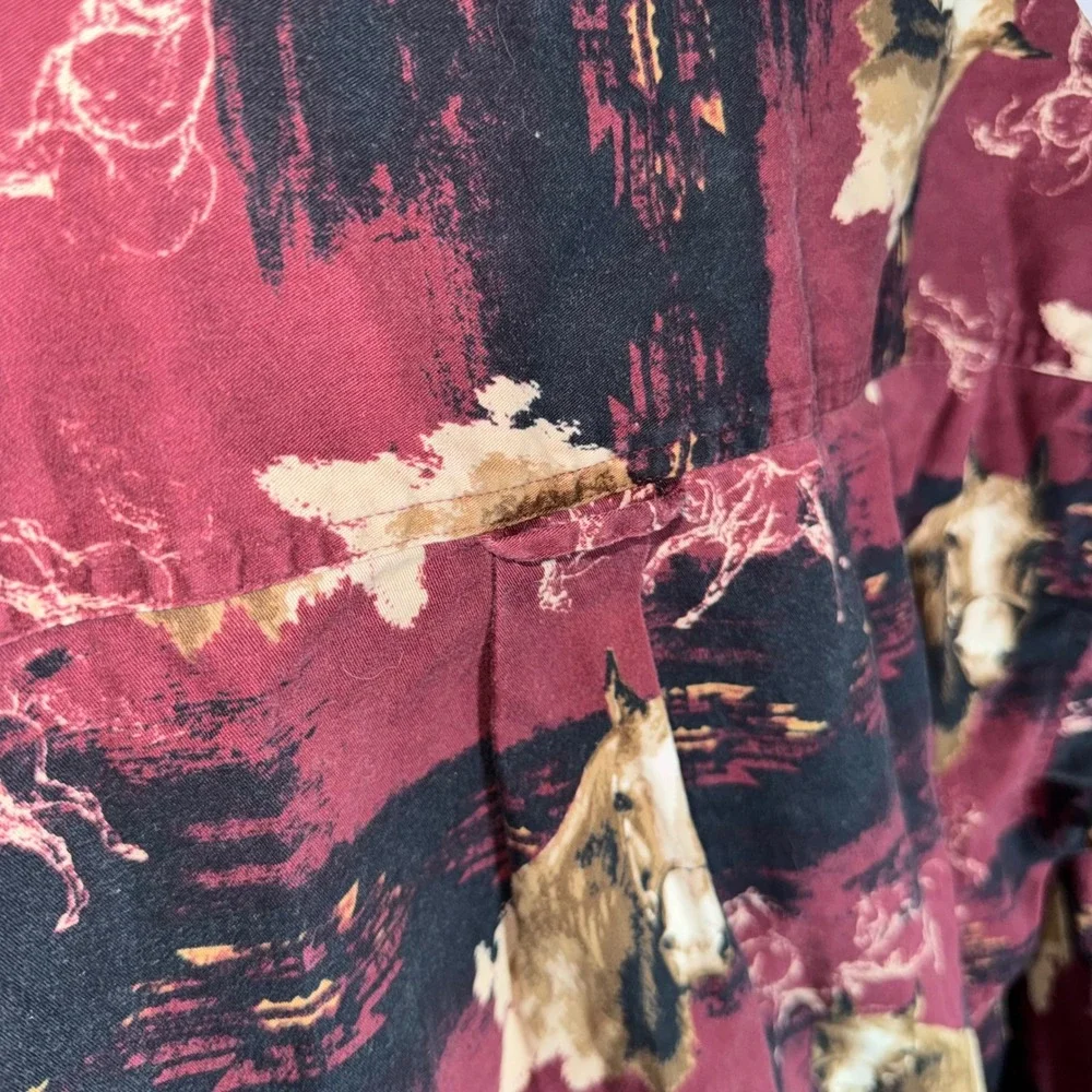 Vintage Mens Horse Print Button Down Shirt Burgundy Southwestern Western Large